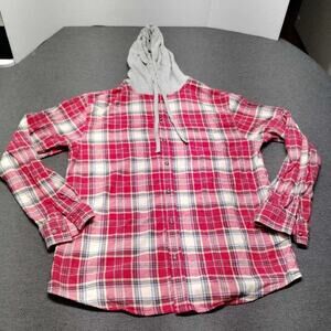 RSQ Plaid Flannel Shirt Hoodie Mens Extra Large Red White Blue Cotton Blend